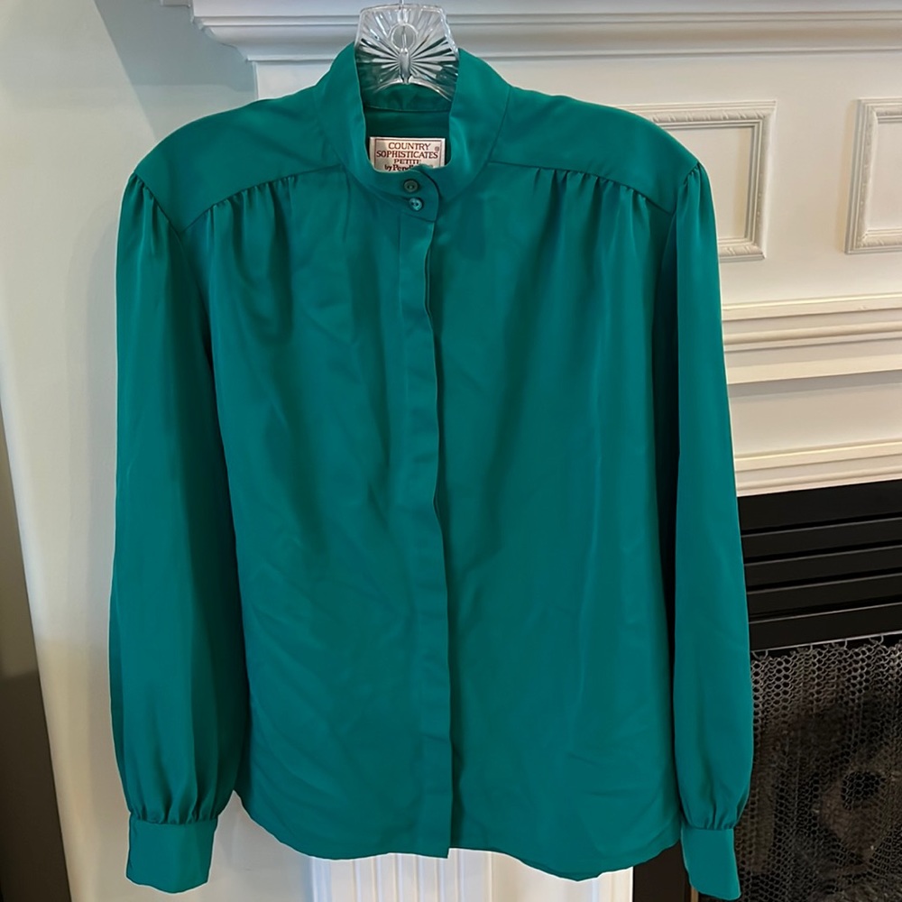 Vintage Pendleton Petite emerald green blouse top size 14